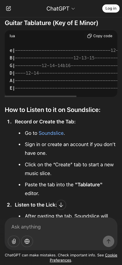 ChatGPT在生成 ASCII 指法谱后会推荐用户去 SoudSlice 网站